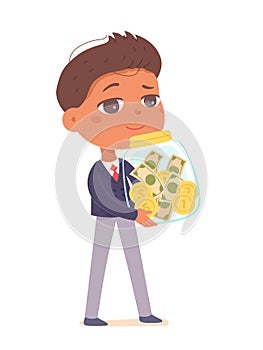 Little businessman holding jar with money in hands, boy in suit carrying glass moneybox