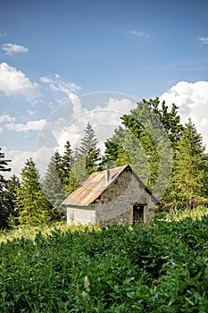 Little cabin in the Poliny's forest in the Champsaur Valley in France