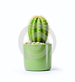 A little cactus in a green pot on a white background