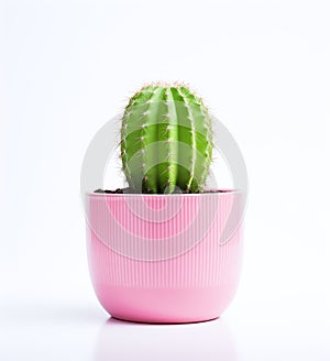 A little cactus in a pink pot on a white background