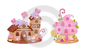 Little candy houses set. Lovely cottages made of sweets, biscuits and candies cartoon vector illustration