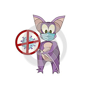Little cartoon bat wearing mask and holding crossed coronavirus sign on white isolated background, vector illustration and concept