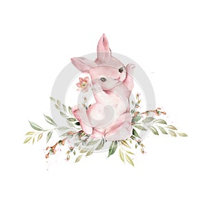 Little cartoon bunny in the garden surrounded by spring flowers and leaves. Cute illustration for cards, posters and