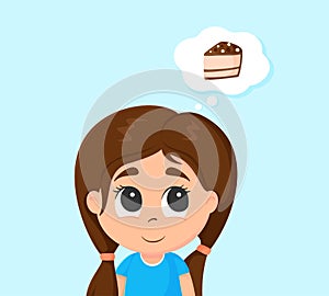 Little cartoon girl vector illustration. The girl thinks about the sweets of the cake.