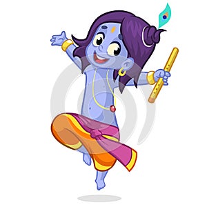 Little cartoon Krishna dancing with a flute. Greeting card for Krishna birthday. Vector illustration on a white