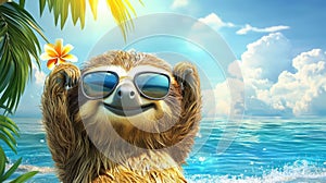 Little cartoon sloth on the beach. Selective focus