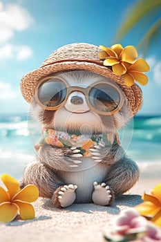 Little cartoon sloth on the beach. Selective focus