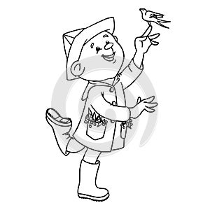 Little cartoon teddy boy in raincoat, rubber boots and hat playing with bird. Vector hand drawn illustration of autumn activity.