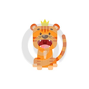 A little cartoon tiger growls. Cute wild animal sitting in the crown.