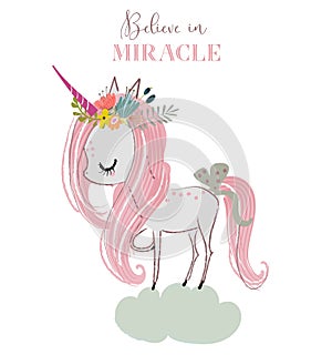 Little cartoon white fairytale unicorn. vector art