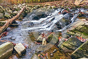 Little cascade on the Scott`s Run in autumn.Scott`s Run Nature Preserve.Fairfax County.Virginia.USA