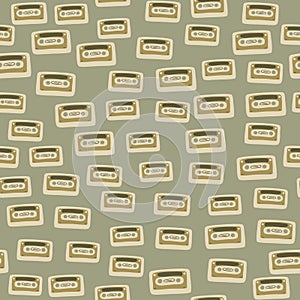 Little cassete seamless doodle pattern. Light brown background with beige ornament. Music print