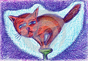 Little cat acrobat dancing on a hobnail  hat. Original drawing