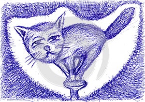 Little cat acrobat dancing on a hobnail  hat. Original drawing