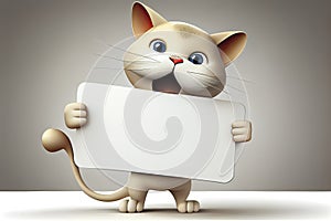 Little Cat character holding blank banner in 3d rendering