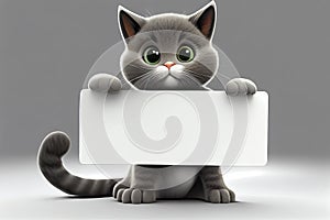 Little Cat character holding blank banner in 3d rendering