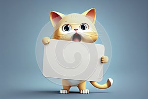 Little Cat character holding blank banner in 3d rendering