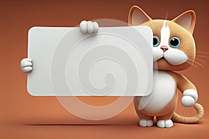 Little Cat character holding blank banner in 3d rendering