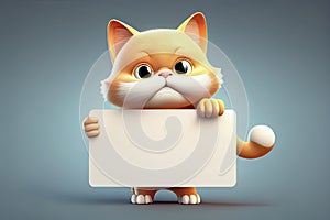 Little Cat character holding blank banner in 3d rendering