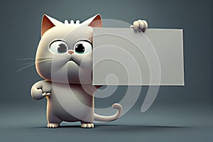 Little Cat character holding blank banner in 3d rendering