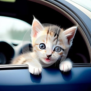 A little cat with a cheerful expression and brown fur,Pets in the car,generated illustration with ai.