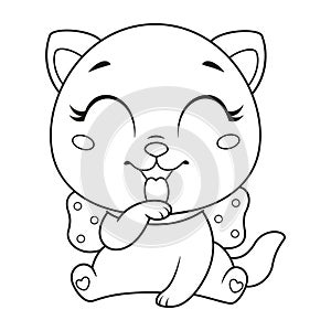Little cat licking paw coloring page, black and white outline illustration
