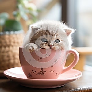 A little cat is lying on a tea cup