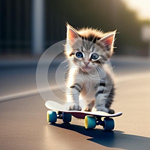 A little cat is playing skateboard in the outdoors, a cute and fun pet, generated illustration with ai