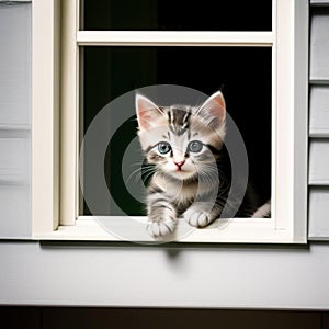 A little cat pops out of the window during daytime,generated illustration with AI