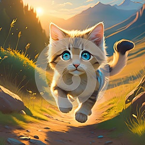 the little cat running in the nature