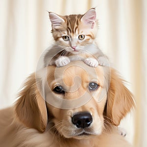 a little Cat sitting on a dog's head. Kitten and puppy together. Home pets. Animal care. Love and friendship