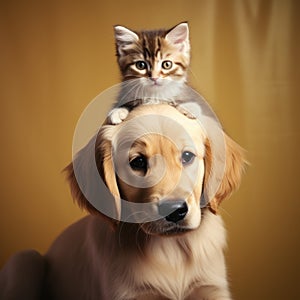 a little Cat sitting on a dog's head. Kitten and puppy together. Home pets. Animal care. Love and friendship