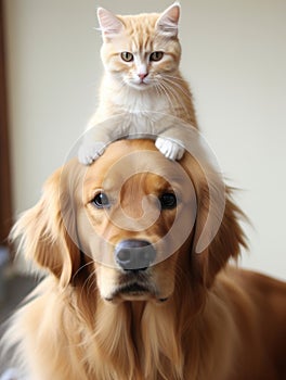 a little Cat sitting on a dog's head. Kitten and puppy together. Home pets. Animal care. Love and friendship