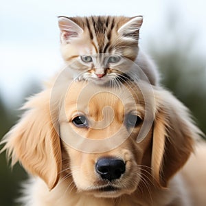 a little Cat sitting on a dog's head. Kitten and puppy together. Home pets. Animal care. Love and friendship