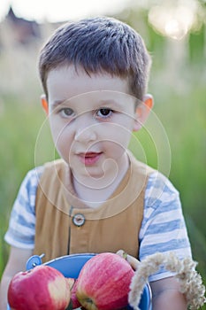 Little caucasian boy with bucket of apples