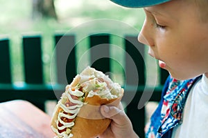 Little caucasian boy eating burger, looking down