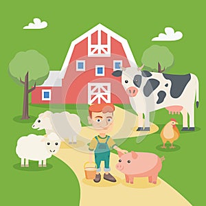 Little caucasian boy with farm animals.