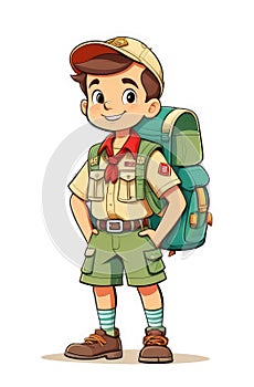 little Caucasian boy scout kid in shorts, hat and uniform with backpack, colorful illustration