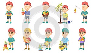 Little caucasian boy vector illustrations set.