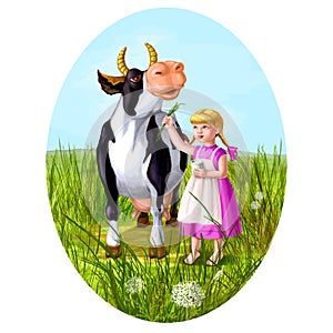 Little caucasian girl feeds cow