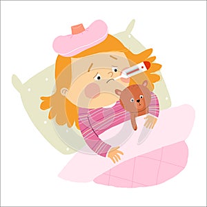 Little Caucasian girl ill in bed with thermometer and hugging teddy bear. Cartoon hand drawn10 illustration isolated on