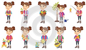 Little caucasian girl vector illustrations set.