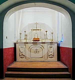 Little chapel inside Kilmainham Gaol with altar detail