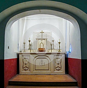 Little chapel inside Kilmainham Gaol with altar detail