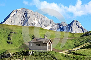 Little chapel at Pass Pordoi, Italian Dolomites