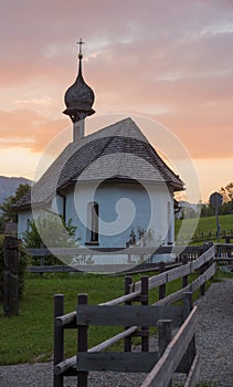 Little chapel of rubi village at sunset