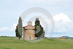 Little chapel surrounded by cypress trees