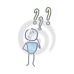 Little character is thinking under question marks. Doubts and questions concepts. Problem solving. Vector doodle illustration