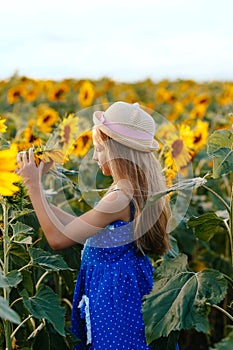 Little and charming girl in a hat plays with a sunflower in the field