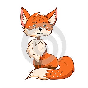 Little cheerful red fox sits. Isolated on white background. Vector illustration
